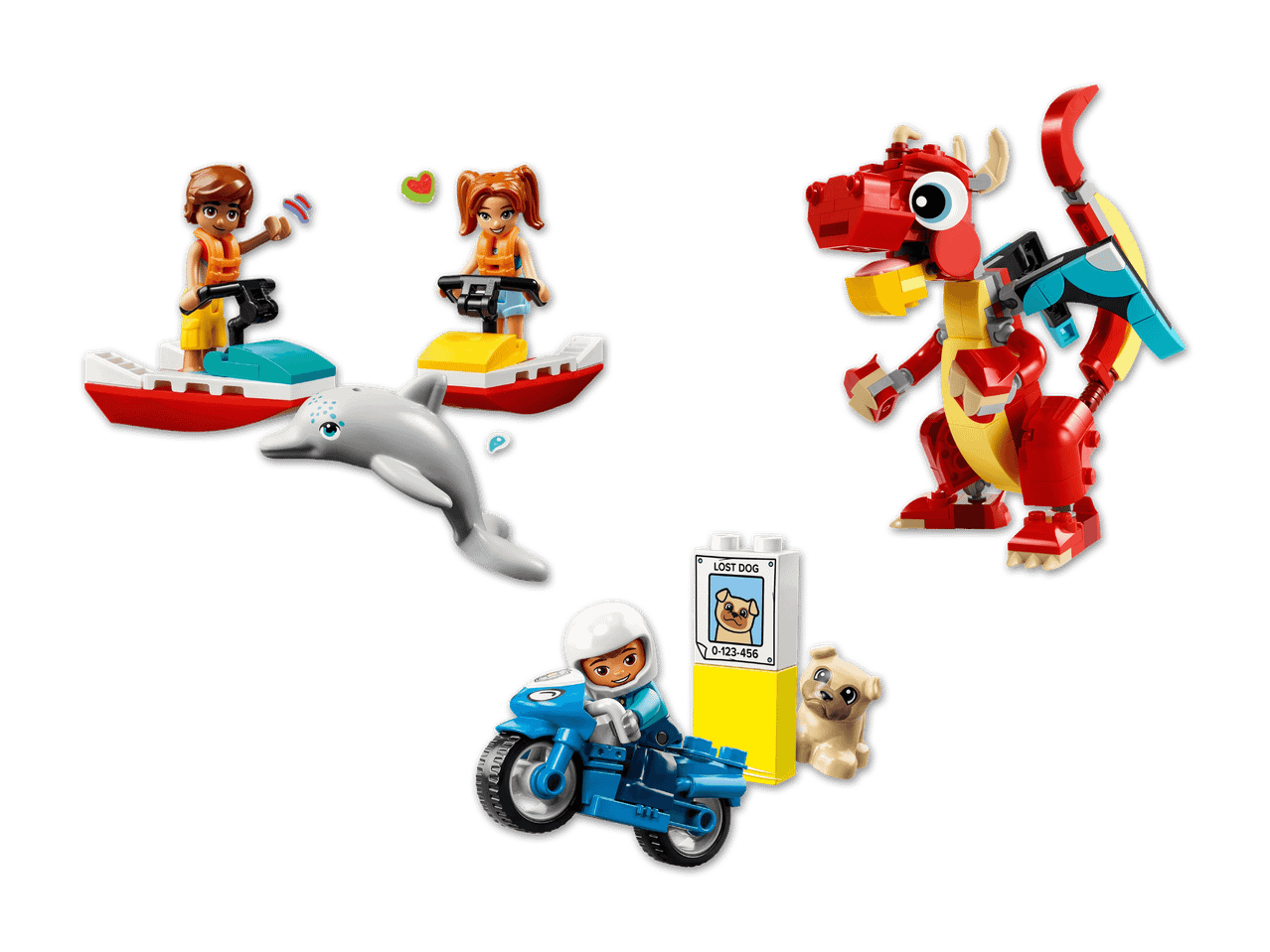 LEGO Spielzeug: Drache, Kajaks, Motorrad und Delfin.