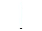 A long-handled garden hoe with a dark green handle and a black blade.