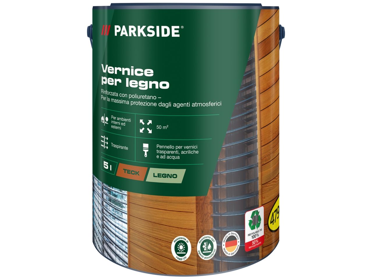 Parkside wood varnish for indoor and outdoor use, 50m² coverage, 100% recyclable.