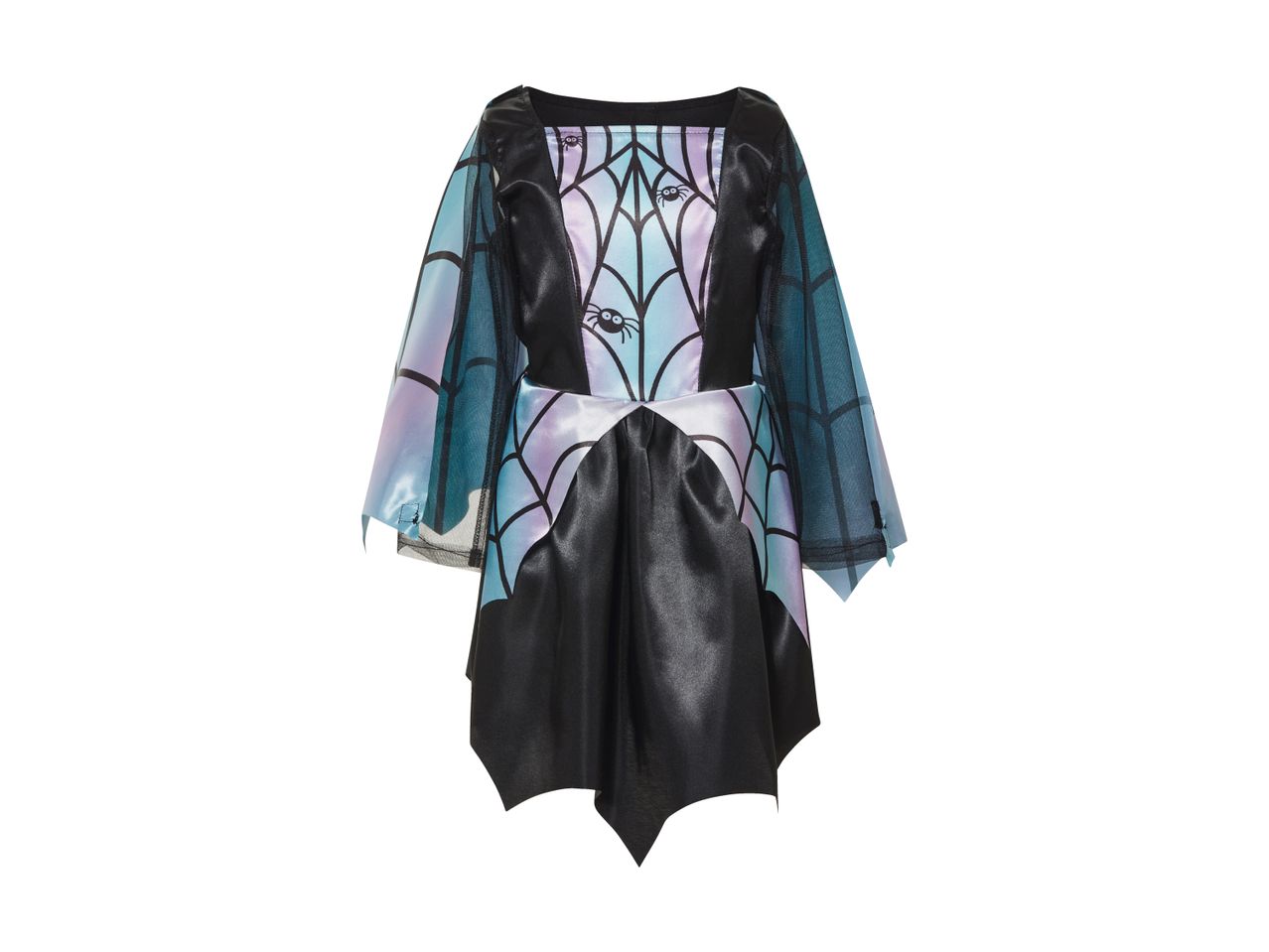 Children's spiderweb Halloween costume dress with iridescent sleeves and black skirt.