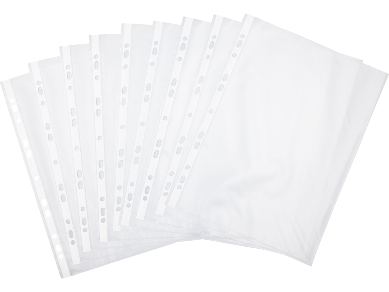 Uma pilha de protetores de folhas transparentes com furos para pasta.