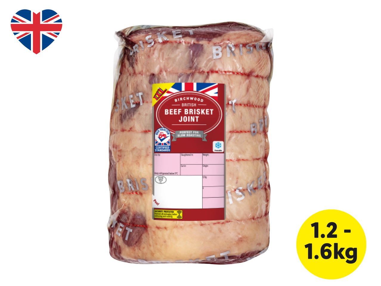 Birchwood British Beef Brisket Joint, 1.2-1.6kg, perfect for slow roasting.