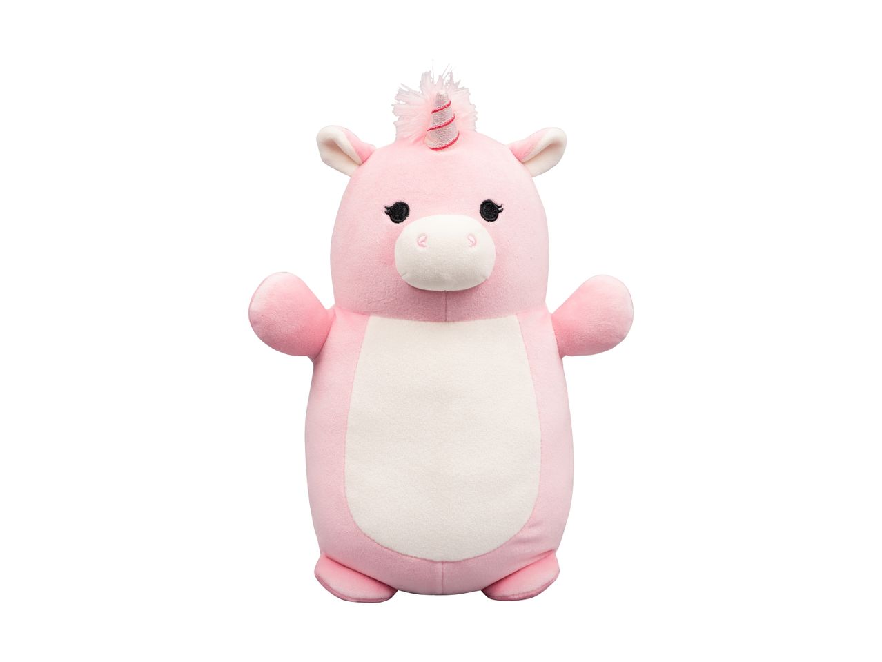 Pink unicorn plush toy with a white belly and a sparkly horn.