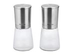 Two stainless steel and glass spice grinders with brushed metal tops.