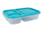 Rectangular food container with a turquoise lid and three compartments