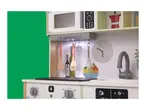 A wooden toy kitchen with a microwave, hob, sink, and various kitchen utensils.