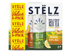 Een voordeelverpakking met zes blikjes alcoholische ijsthee in de smaken citroen en perzik.