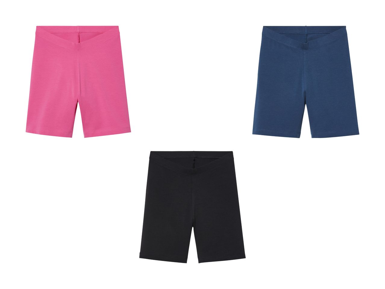 Drei Radlerhosen für Mädchen in Rosa, Dunkelblau und Schwarz.