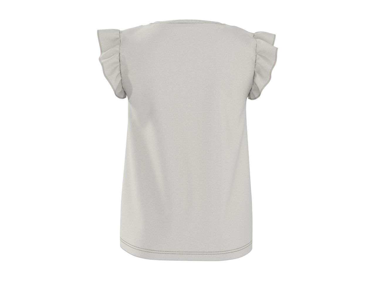 Back view of a light grey women's short-sleeved top with ruffled sleeves.