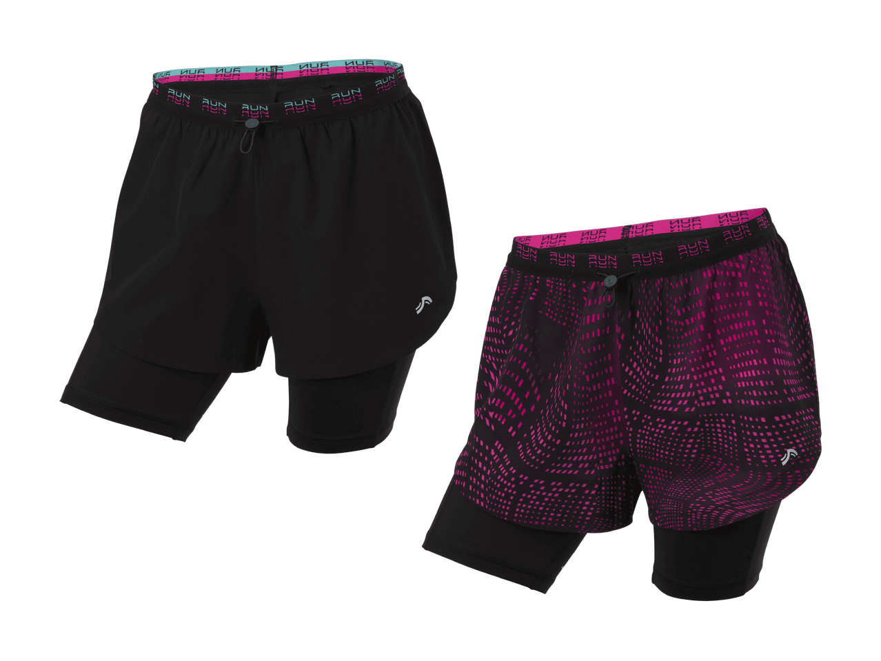 Zwei schwarze Laufshorts, eine schlicht und eine mit rosa Mustern.