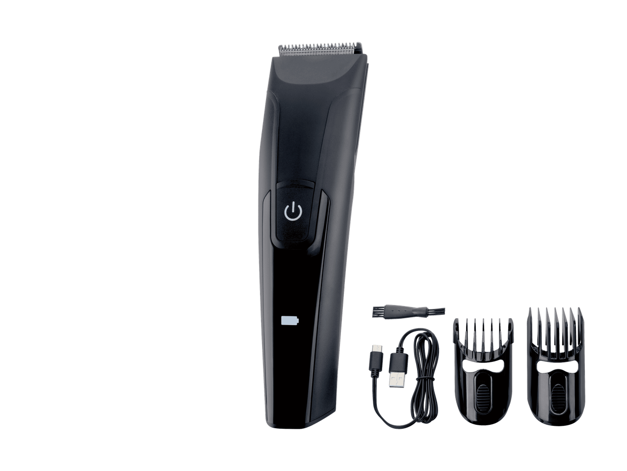 Tondeuse à cheveux avec câble de charge, brosse de nettoyage et deux sabots sur fond noir.