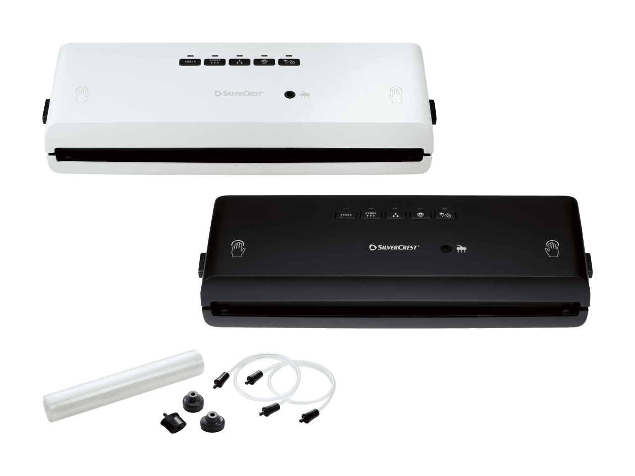 Zwei Vakuumiergeräte, ein weißes und ein schwarzes, mit Zubehör zum Vakuumieren.