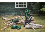 PARKSIDE chainsaws and leaf blower with logs in a garden setting.