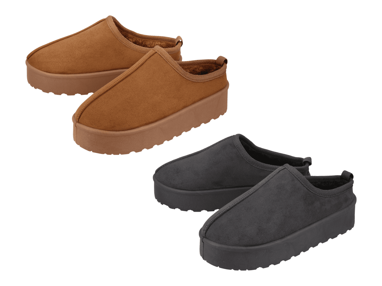 Kaksi paria ruskeita ja harmaita mokkanahkaisia tohveleita, joissa on pörröinen vuori ja paksu pohja.