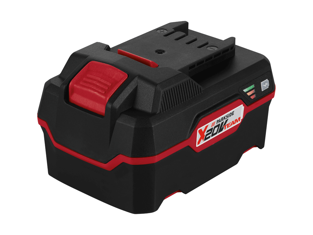 Schwarzer und roter Akku mit Ladeanzeige und X20V Team Logo.