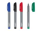 Four markers in blue, black, red, and green, with one green marker uncapped.