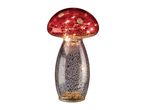 Mushroom-shaped table lamp with a red cap and a speckled silver base