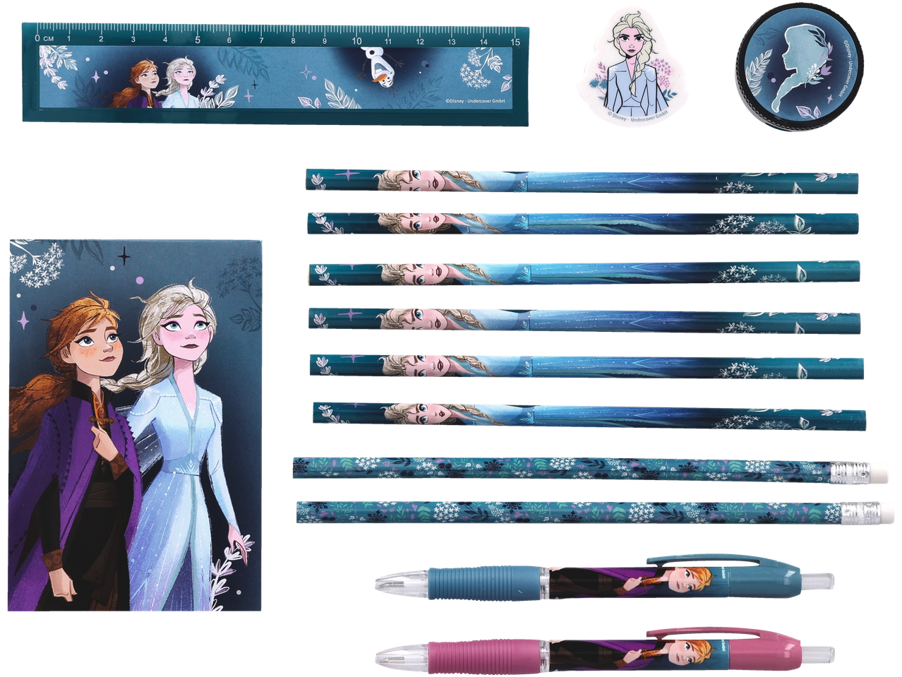 Frozen-pappersvaror med pennor, pennor, linjal och suddgummi.