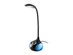 Black desk lamp with a flexible neck and a colorful LED base