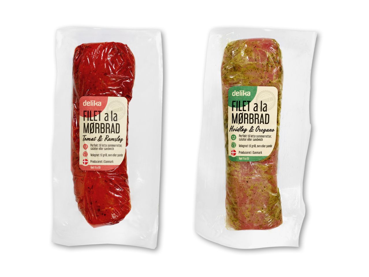 To delika marinerede mørbradsfileter, en med tomat og ramsløg, en med hvidløg og oregano.