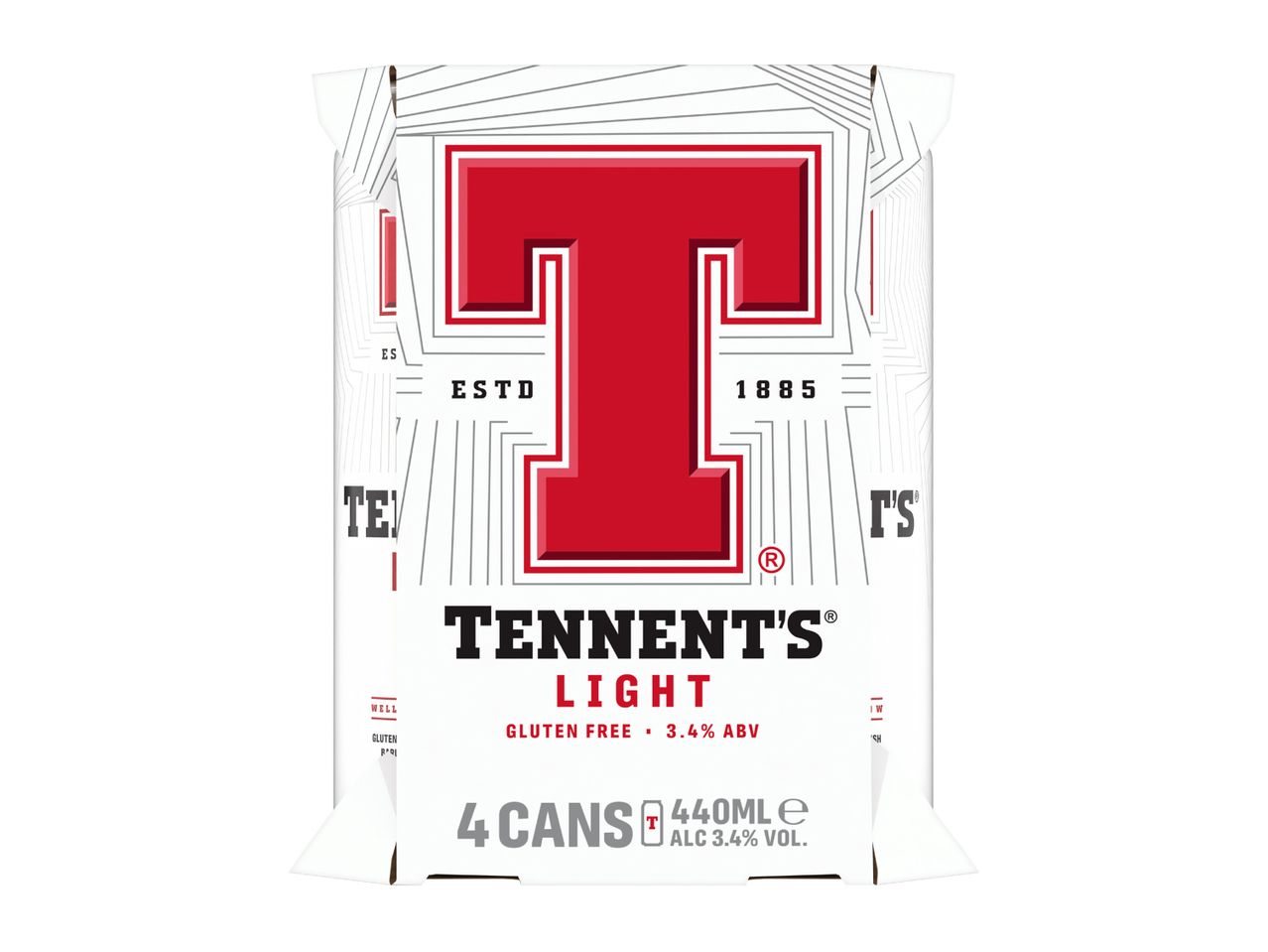 Tennent's Light 4-pack of 440ml cans, 3.4% ABV, gluten-free.