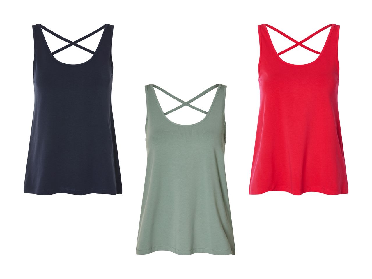 Trois débardeurs croisés, noir, rouge et vert olive.