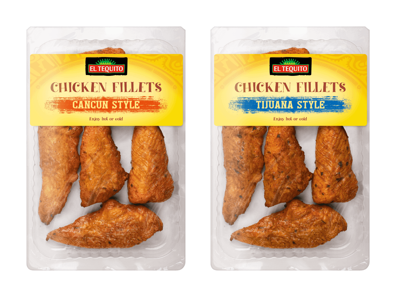 Packungen mit El Tequito Hähnchenfilets, eine im Cancun-Stil und die andere im Tijuana-Stil.