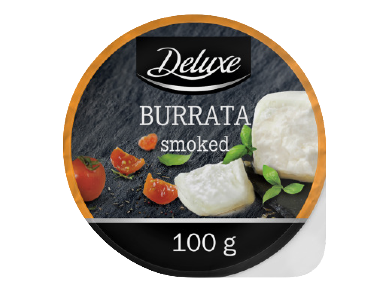 Deluxe kūpināta burrata ar tomātiem un baziliku, 100 g iepakojumā.