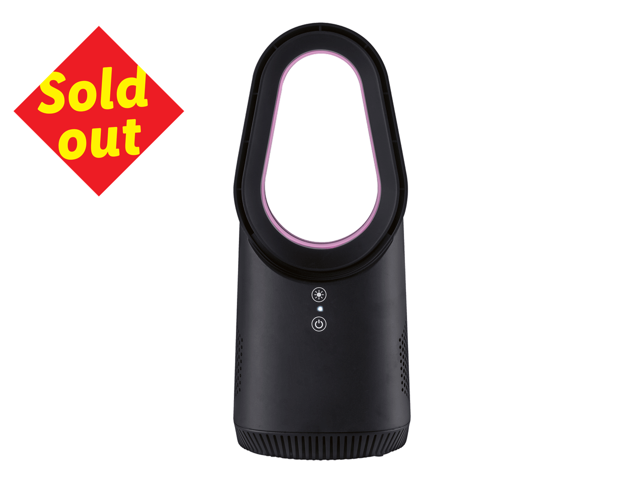 A black bladeless fan with a pink inner ring and a red 'Sold out' sign.