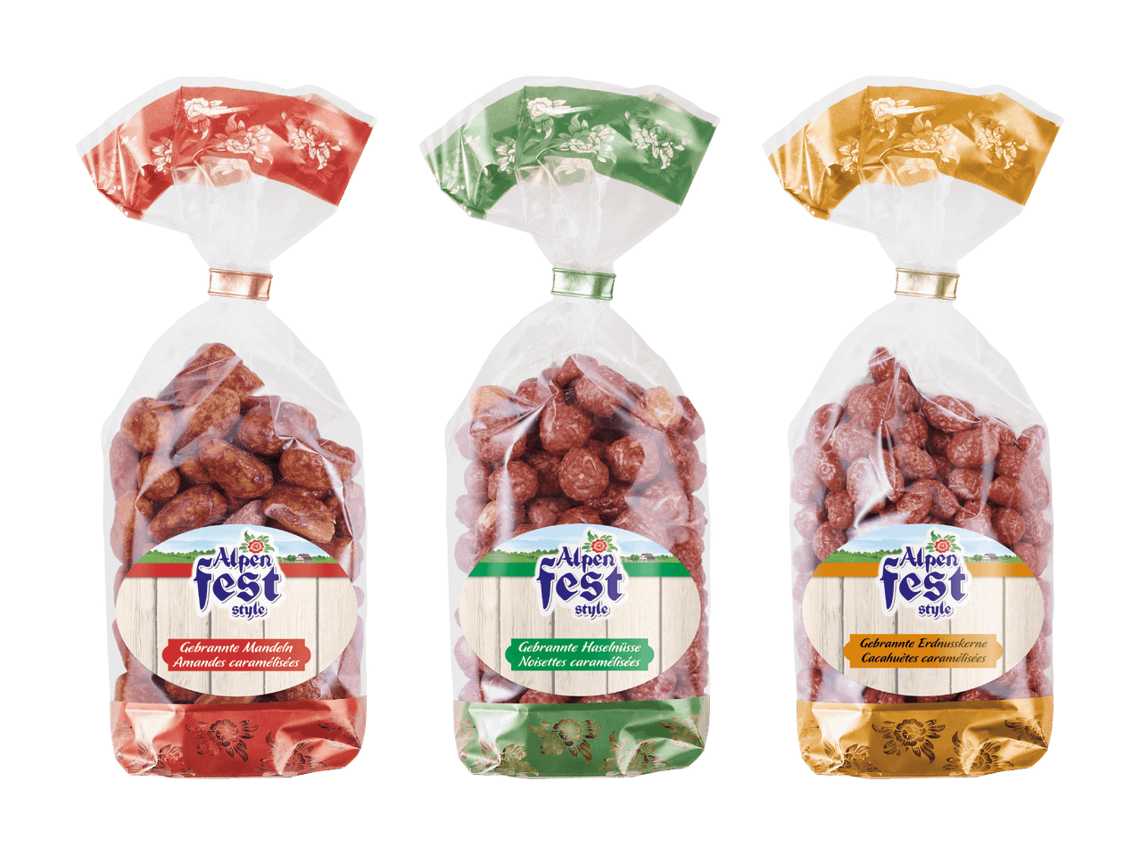 Trois sachets Alpenfest Style d'amandes, de noisettes et d'arachides caramélisées.