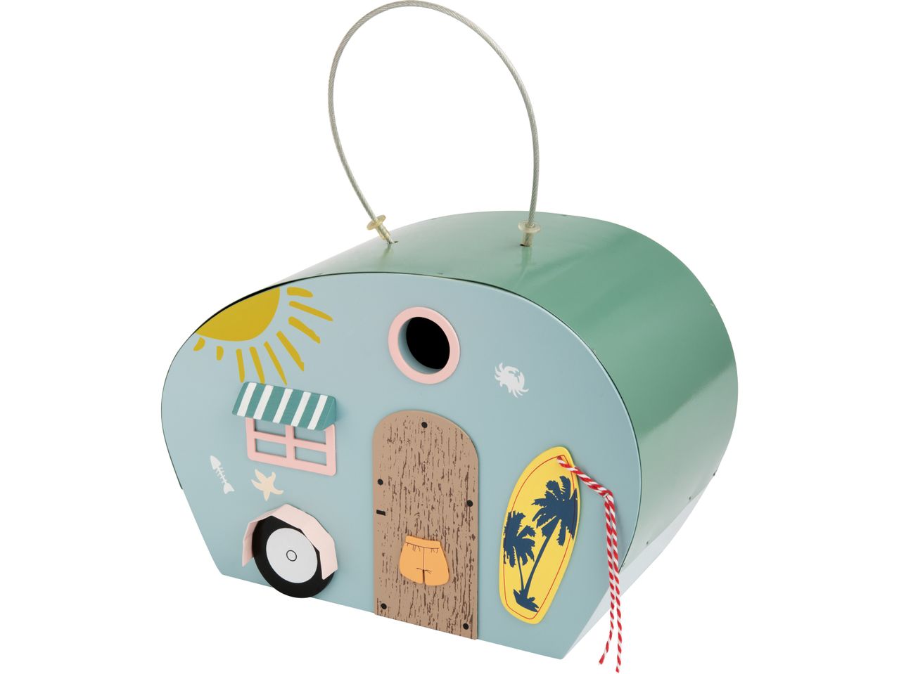 Birdhouse shaped like a retro camper van with beach-themed decorations.