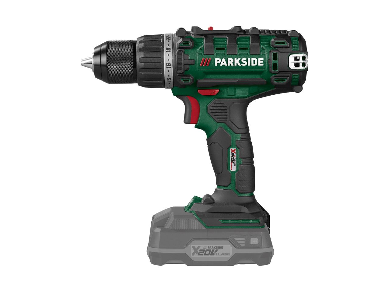 Parkside X20V Team boremaskine med batteri på hvid baggrund.