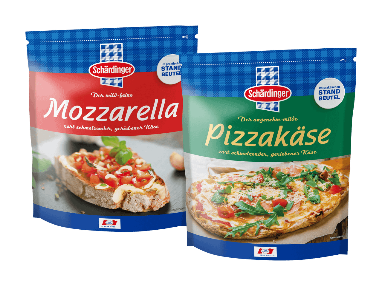Zwei Schärdinger Käseverpackungen: Mozzarella und Pizzakäse, beide als Standbeutel.
