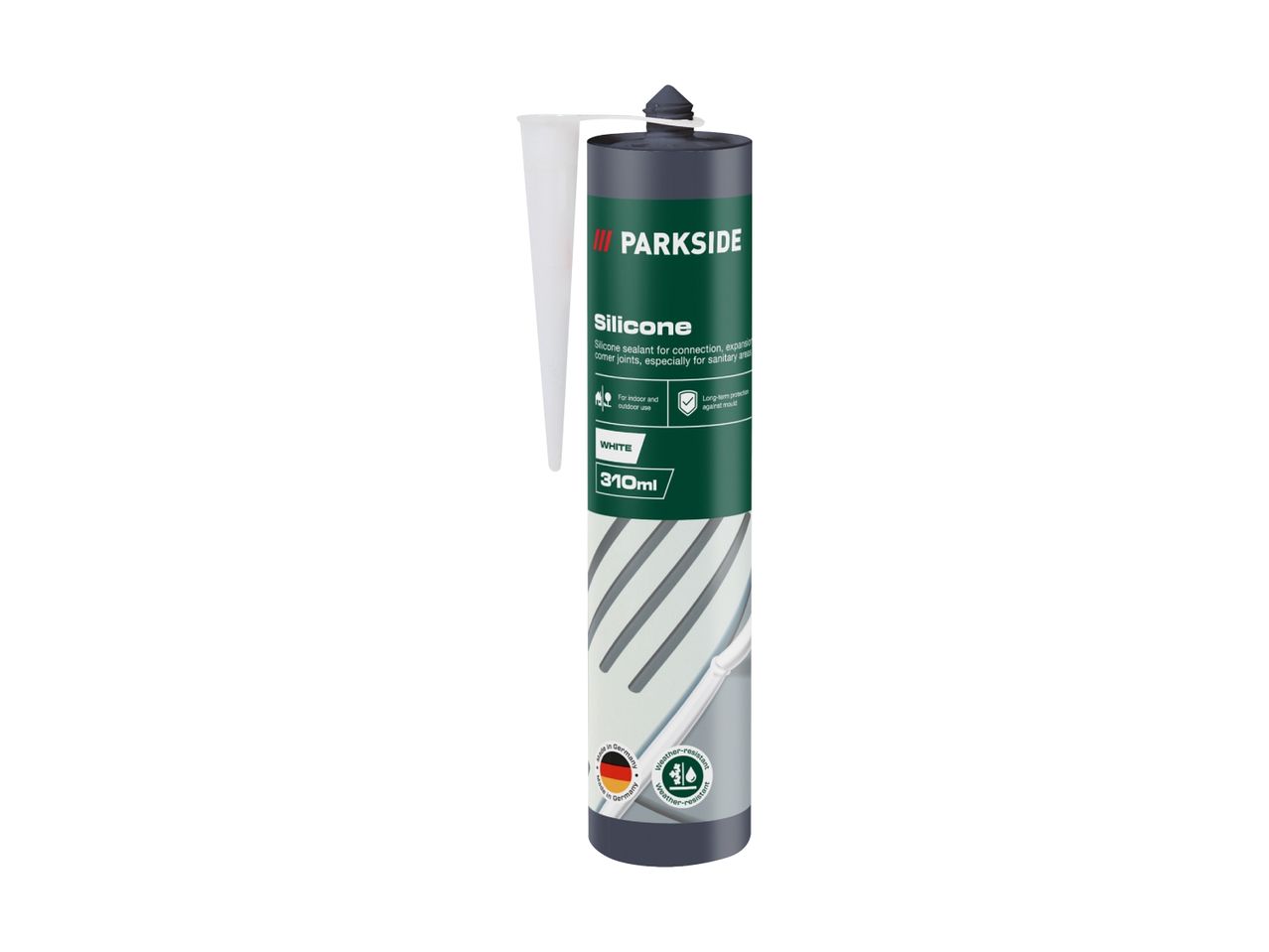 White silicone sealant for indoor and outdoor use, 310ml, with long-term protection against mould.