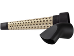Hair dryer with a gold perforated barrel and a black concentrator nozzle.