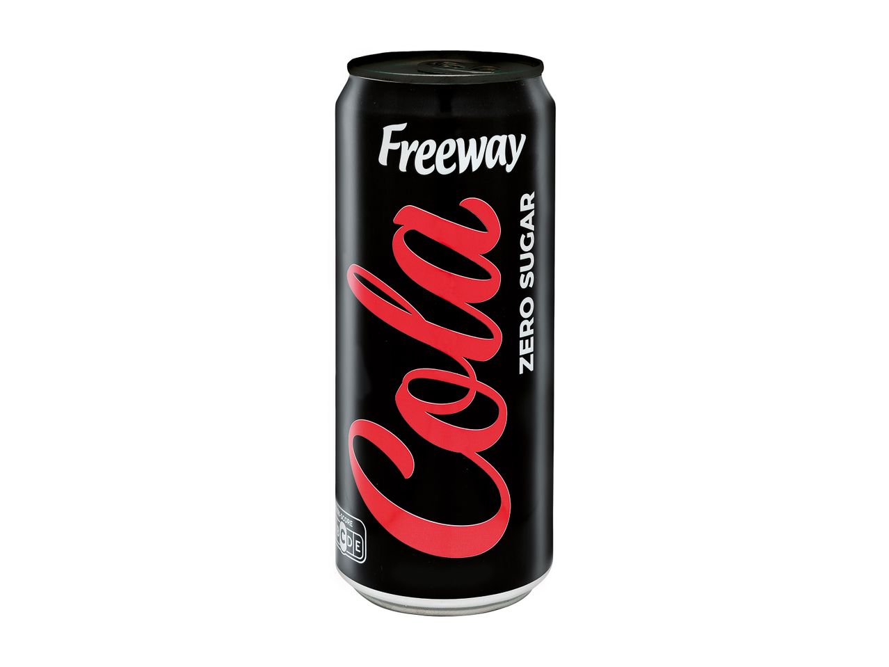 Μαύρο κουτάκι αναψυκτικού Freeway Cola Zero Sugar με κόκκινη γραμματοσειρά.