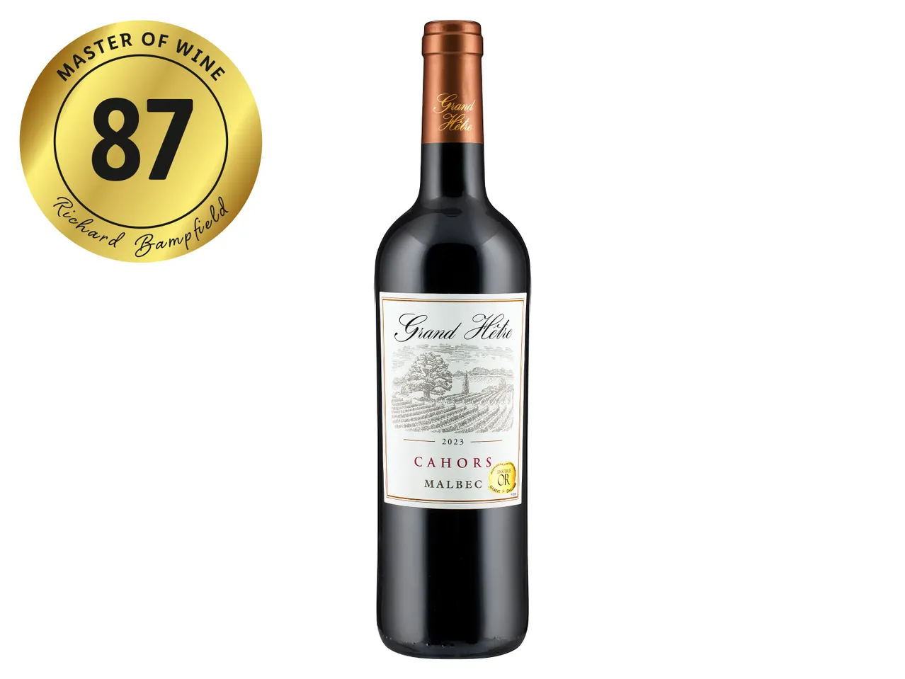 Grand Hêtre Cahors Malbec 2023 wine bottle with an 87-point Master of Wine rating.