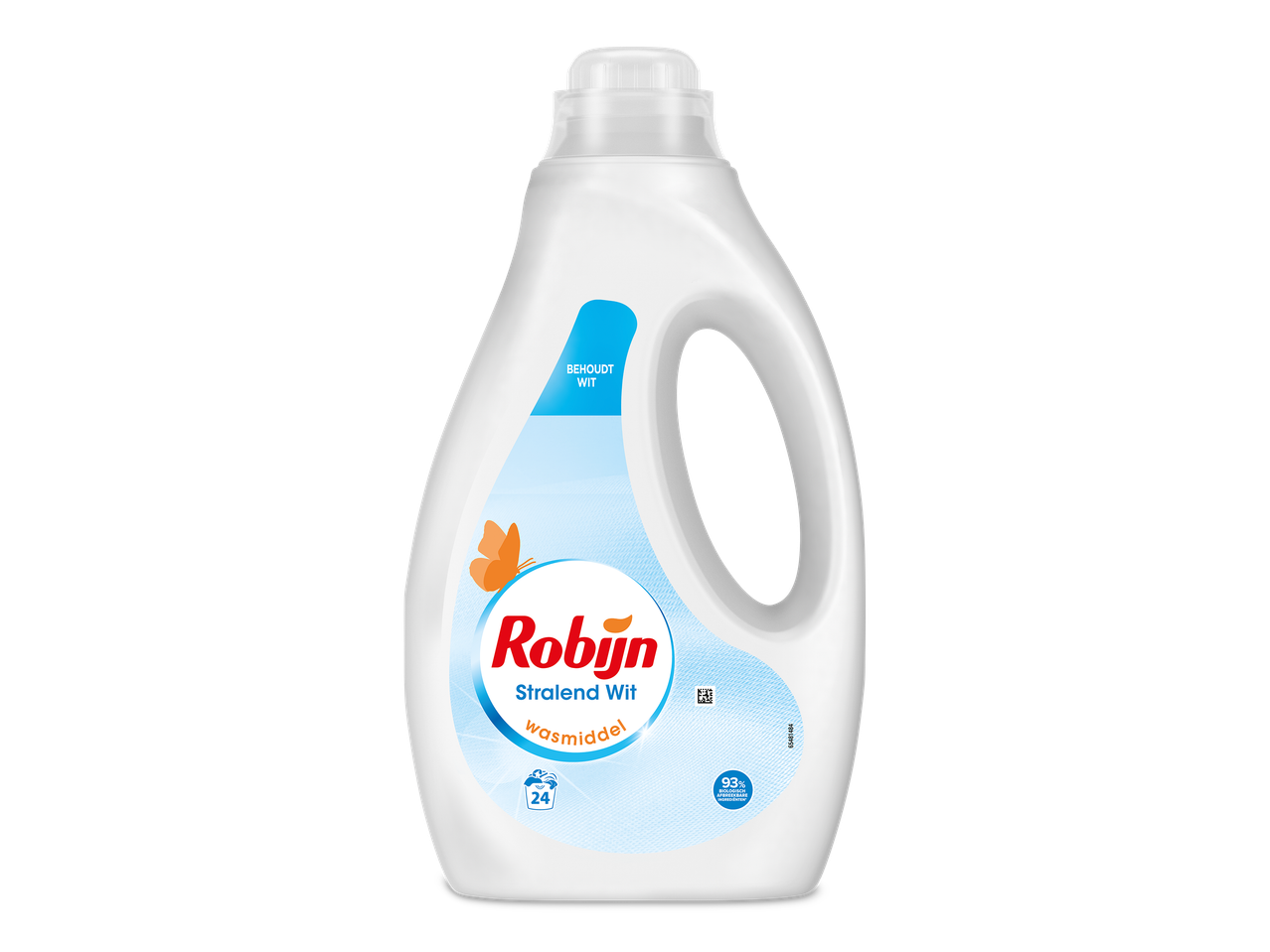 Witte fles wasmiddel met blauw etiket, oranje vlinder en tekst 'Behoudt Wit'.