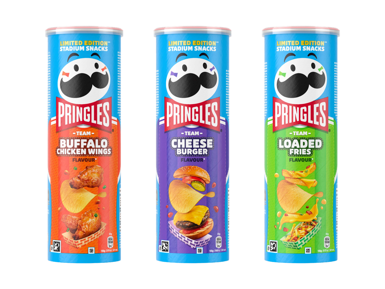 Drei limitierte Snack-Tuben: Geschmacksrichtungen Buffalo Chicken Wings, Cheese Burger und Loaded Fries.