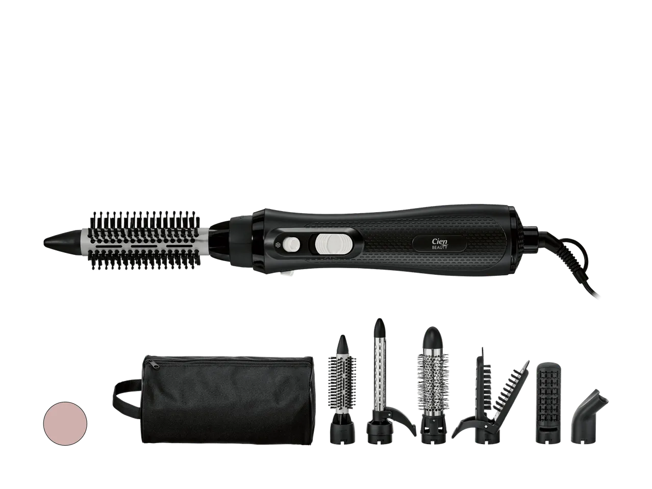 Brosse soufflante avec accessoires de coiffage pour cheveux.