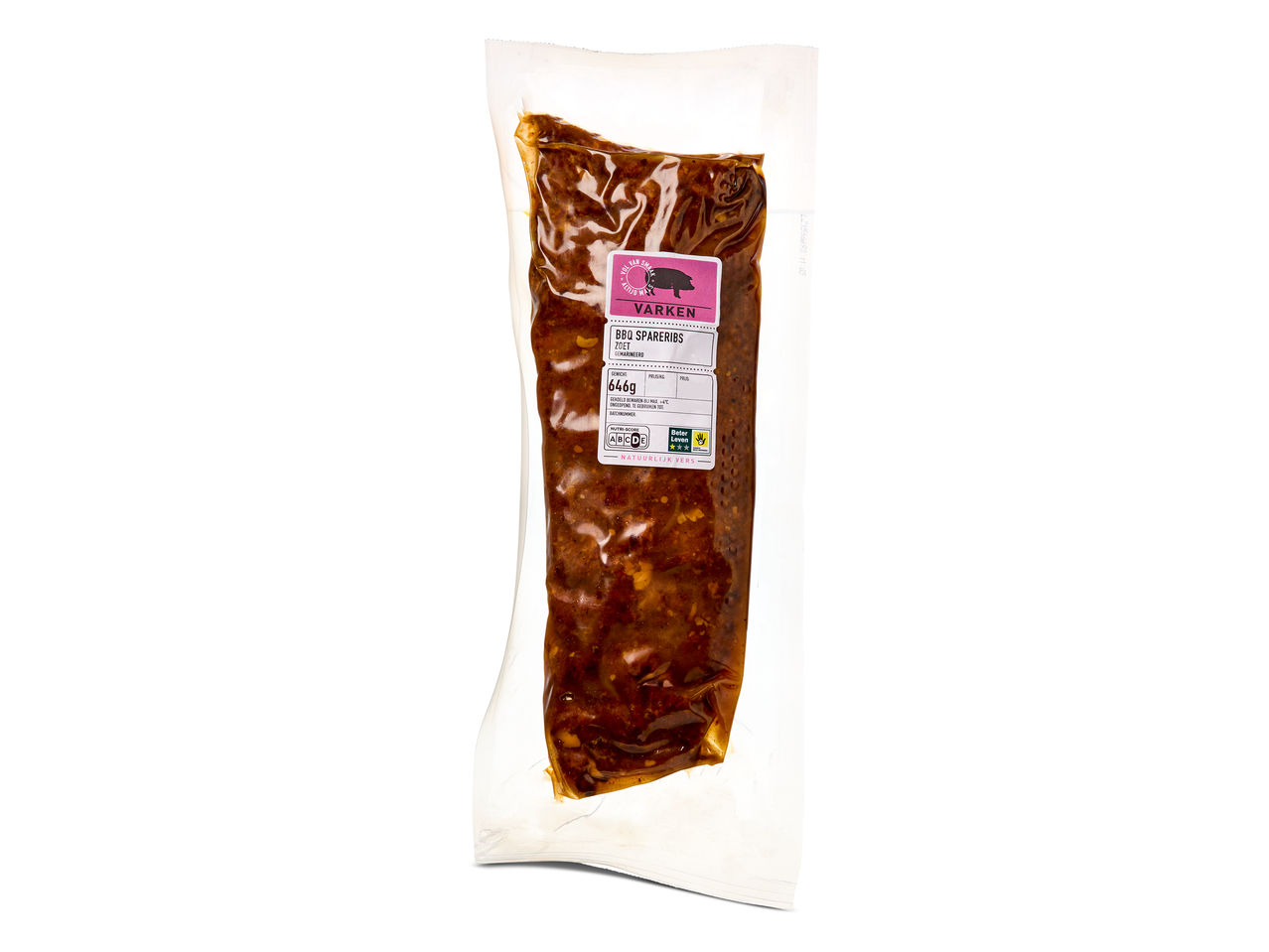 Vacuümverpakte gemarineerde BBQ spareribs van varken, 646g, met Nutri-Score A en 3 Beter Leven sterren.