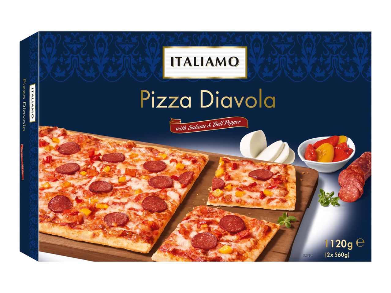 Frozen pizza box with a large pizza cut into slices, salami, bell peppers, and mozzarella.