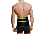 Man wearing a black back support belt with neon green accents.