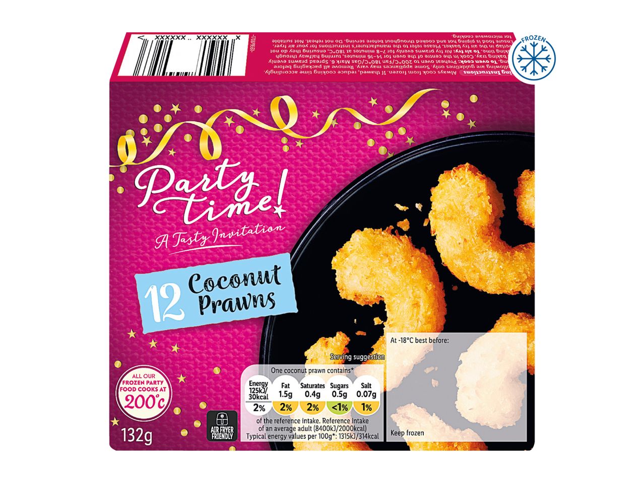 Party Time 12 Coconut Prawns, frozen, with cooking instructions and nutritional information.