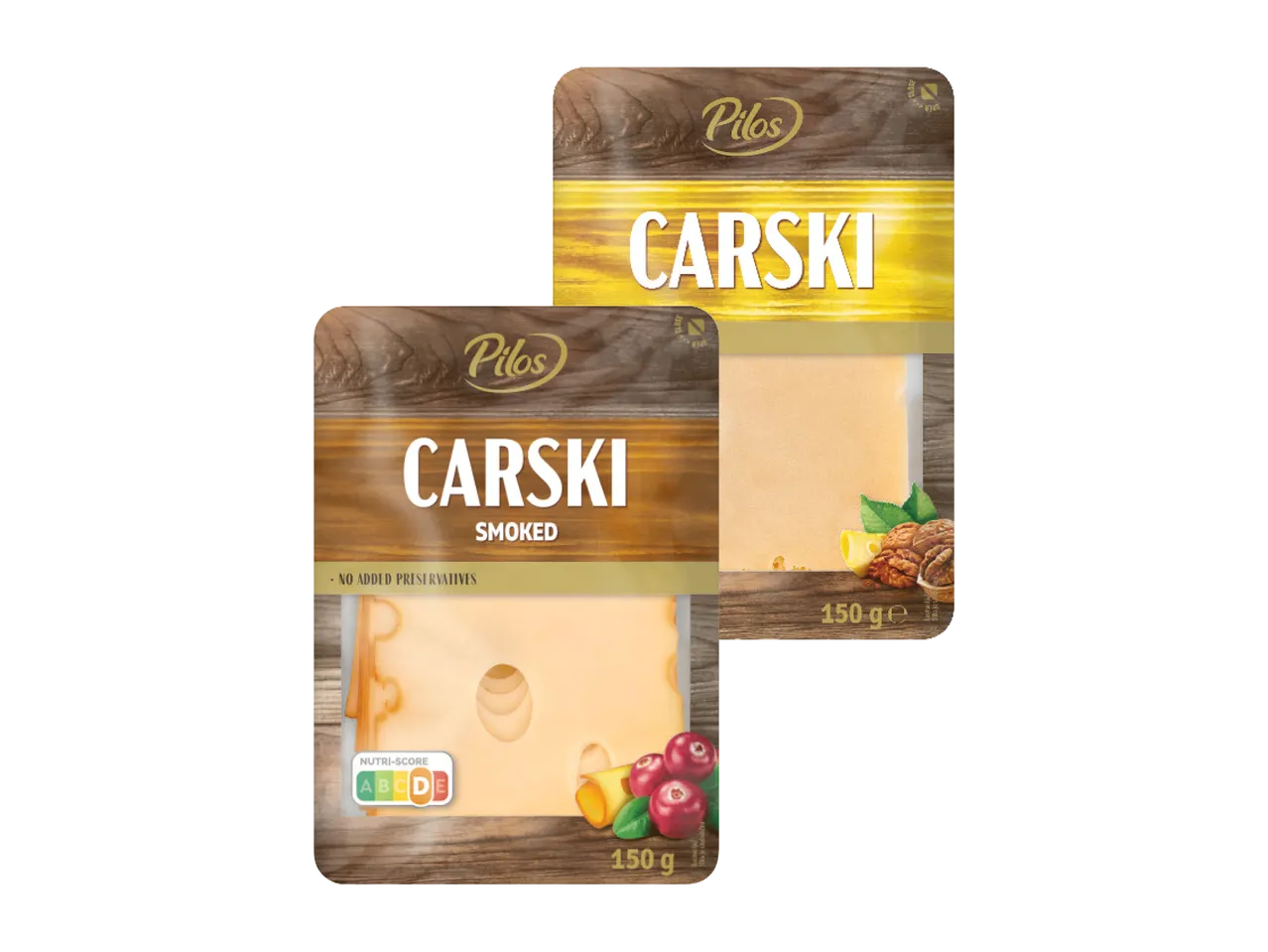 Dva pakovanja dimljenog sira, jedno sa vidljivim kriškama sira i Nutri-Score oznakom.