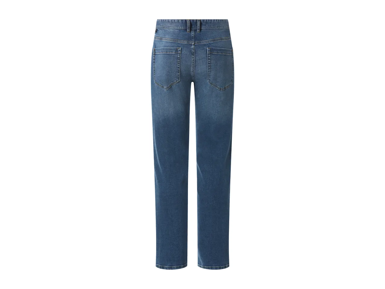 Back view of blue denim jeans with pockets and belt loops