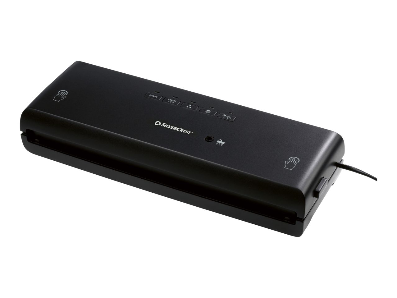 SilverCrest vacuum sealer in black with control panel and power cord.