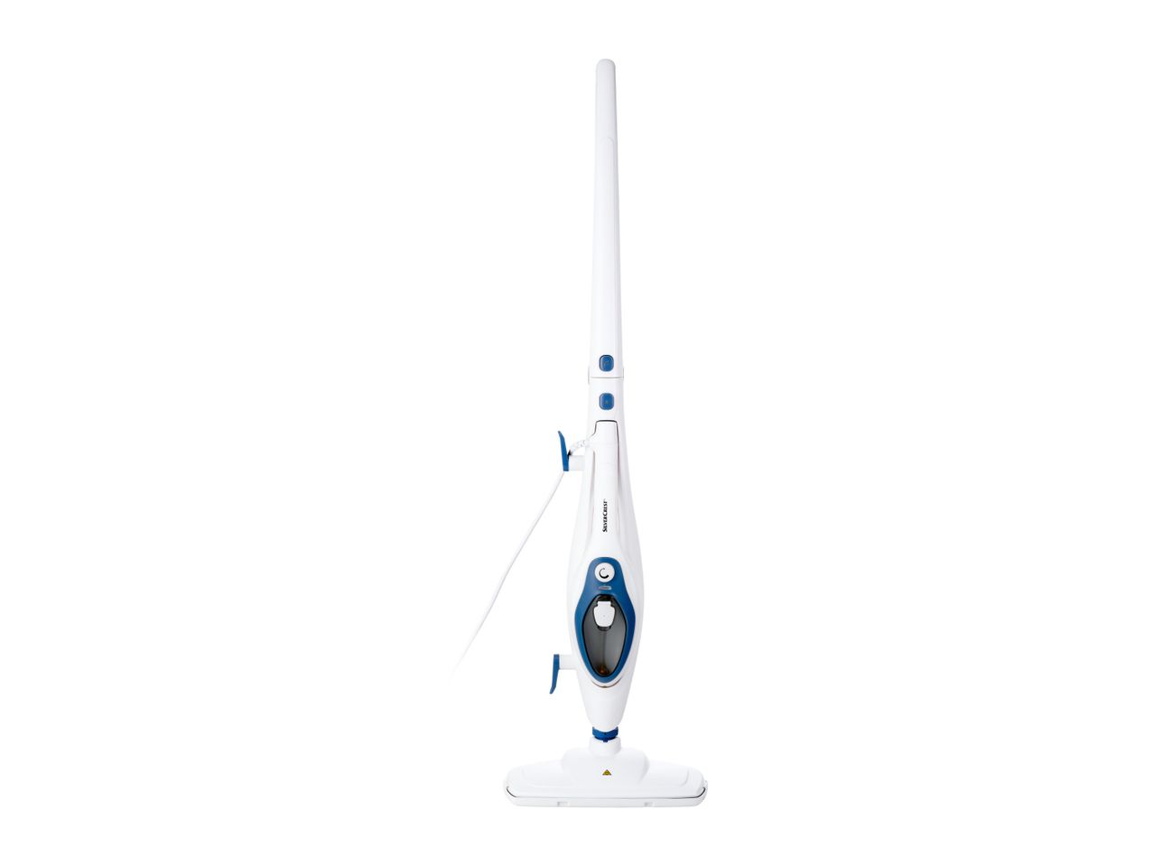 A white steam mop with a long handle and a rectangular base.