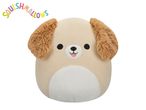A beige dog plush toy with fluffy brown ears and a white belly, with the word 'SQUISHMALLOWS' above it.