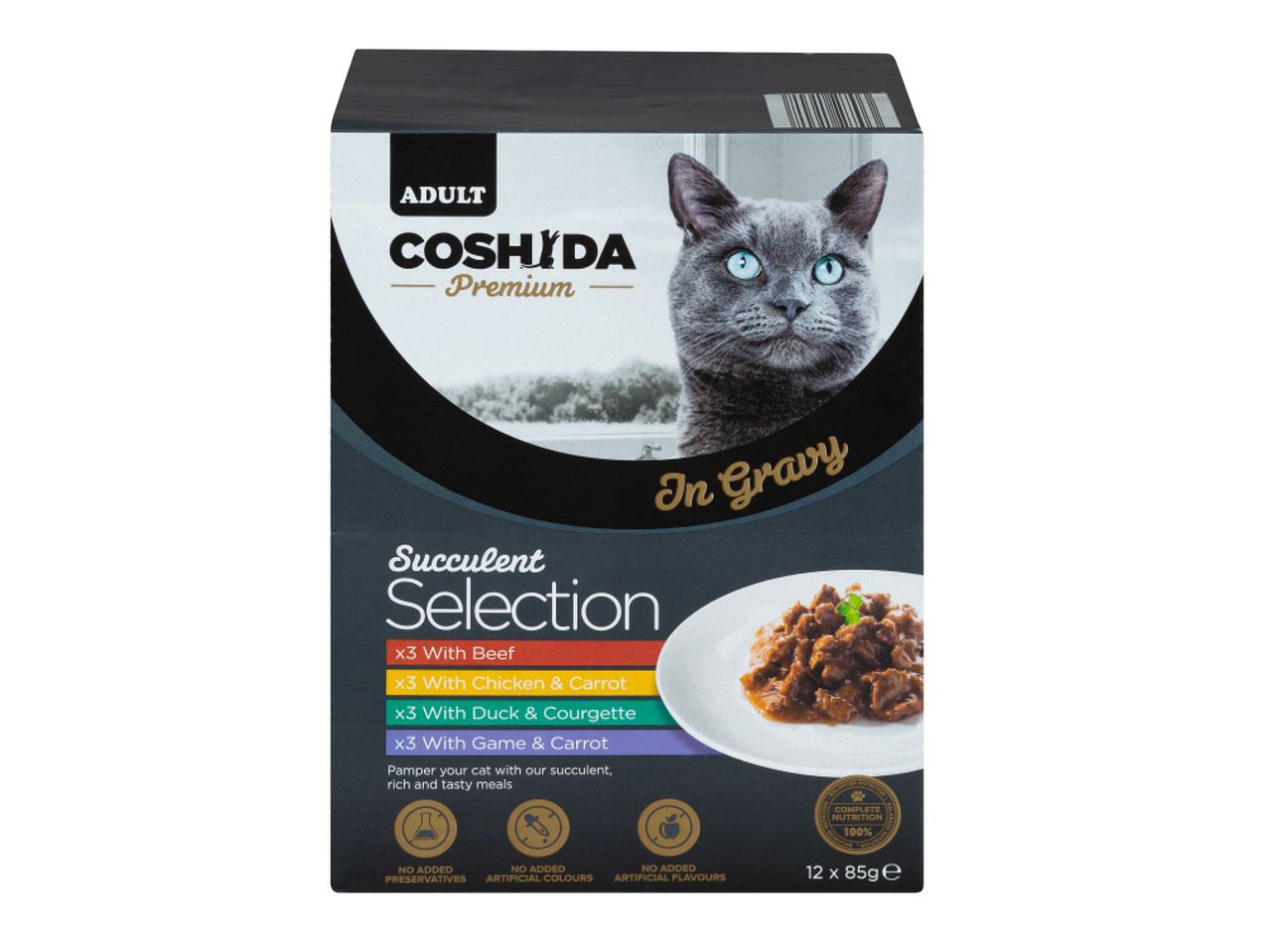 Coshida Premium: adult cat food in gravy with beef, chicken & duck.
